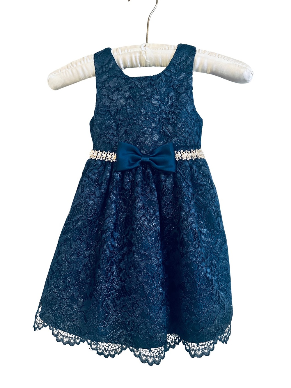 American Princess  🎀 Girls Navy Lace Party Dress with Pearl and Bow Trim